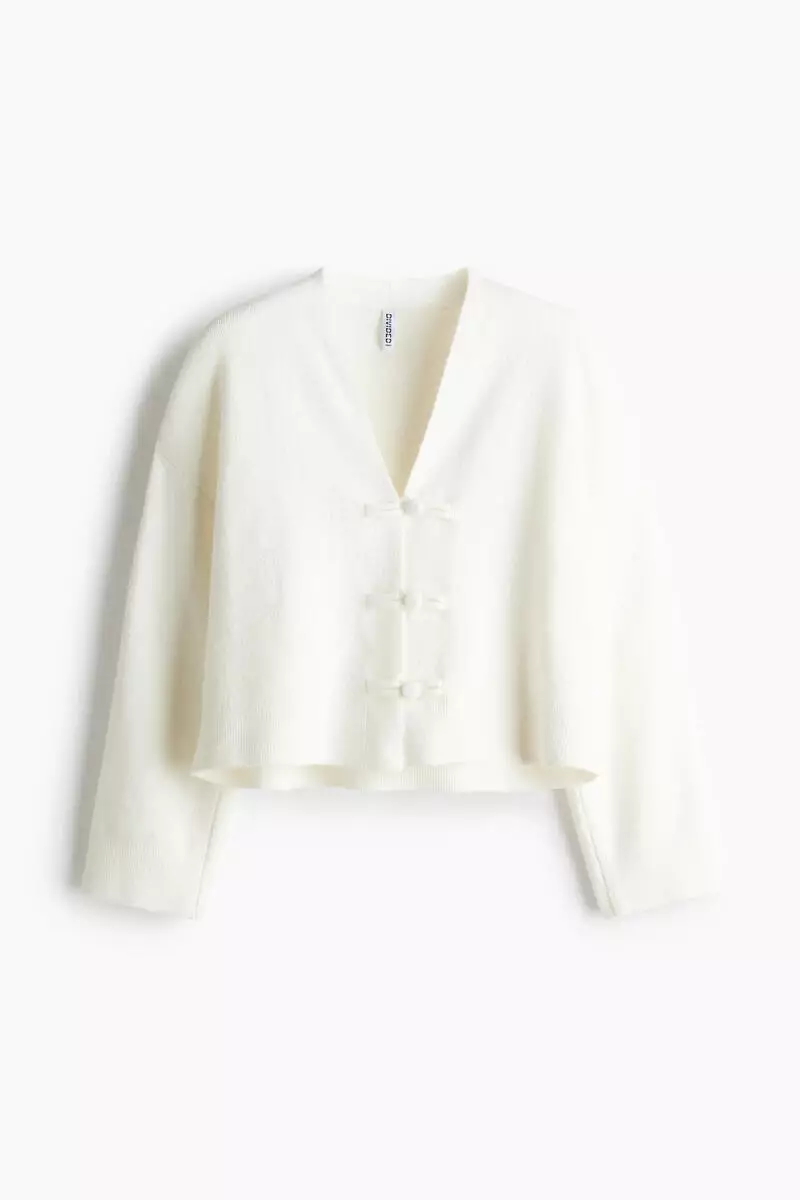 V-neck knot-button cardigan