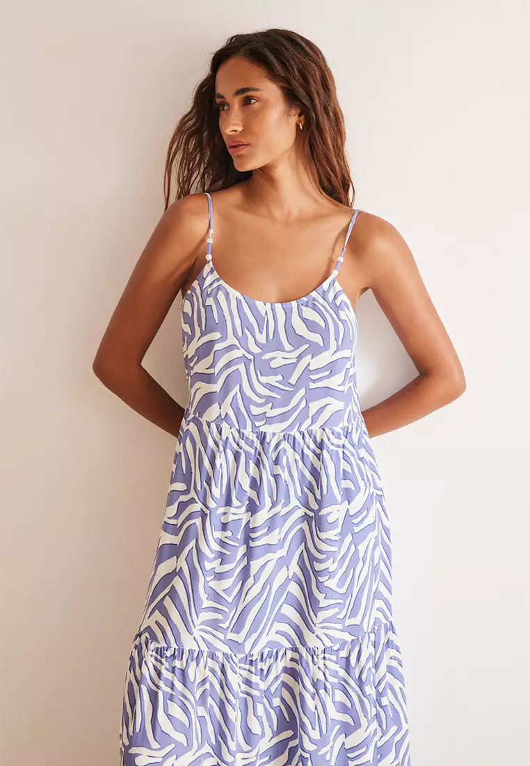 Long Blue Zebra Ruffle Dress