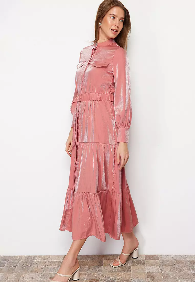 Pale Pink Shiny Satin Belt Detailed Skirt Frilly Woven Dress TCTSS24EB00169