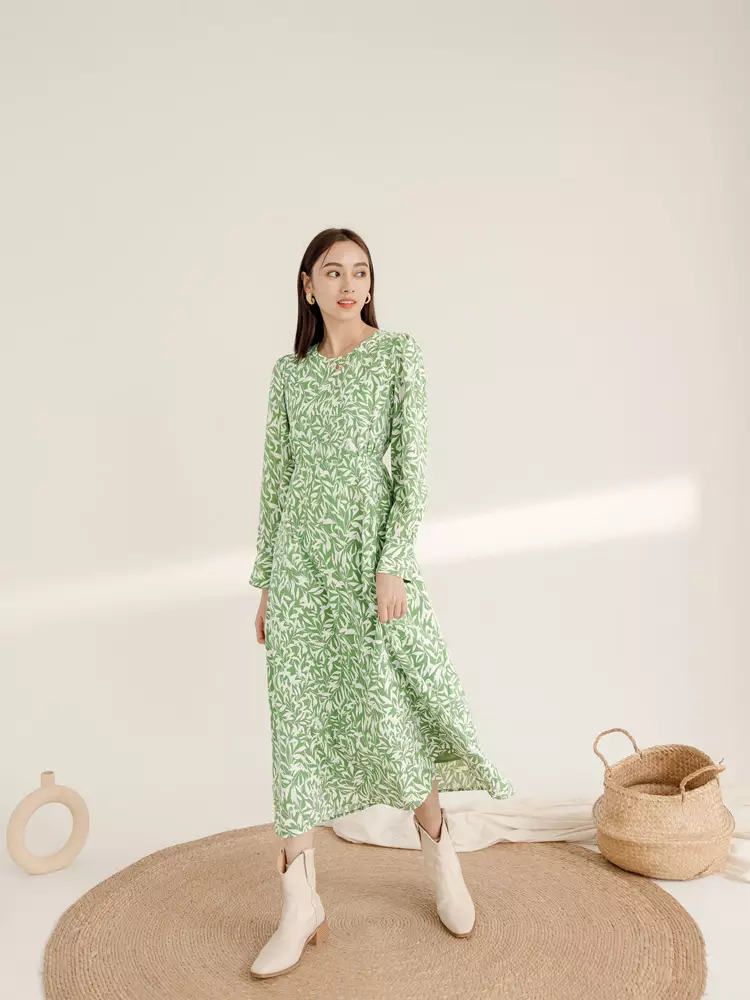 Wrinkle-Free Print Cinched Waist Long Sleeve Long Dress [DA9851]