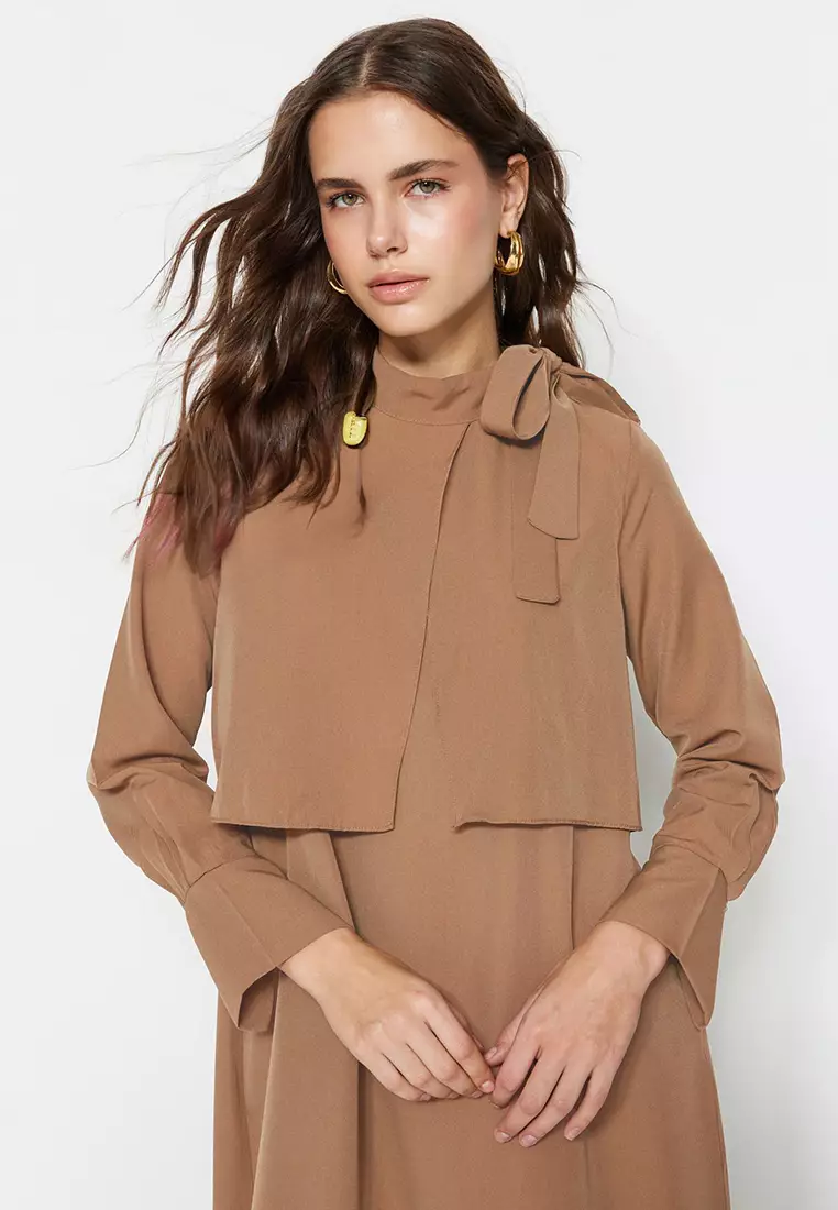 Beige Collar With Tie Detail Woven Dress Tctss23Eb00283