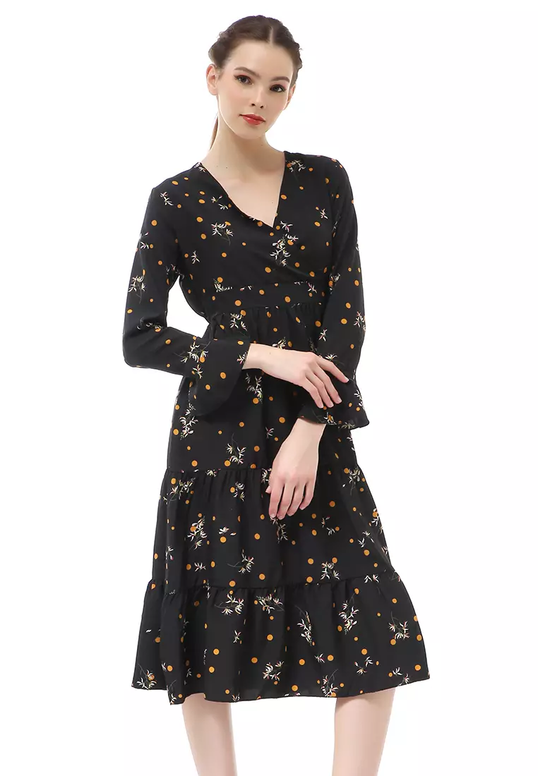 Rachel Midi Dress Kasual Wanita Long Sleeve Leaf Motve Material Chiffon ORIGINAL - Black