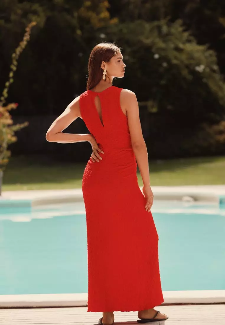 Sleeveless Textured Ruched Midi Dress