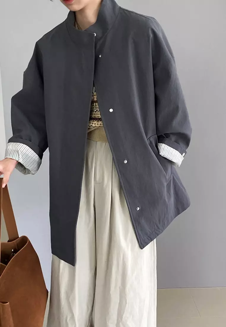 New silhouette mid-length workwear loose stand collar trench coat K091604GY