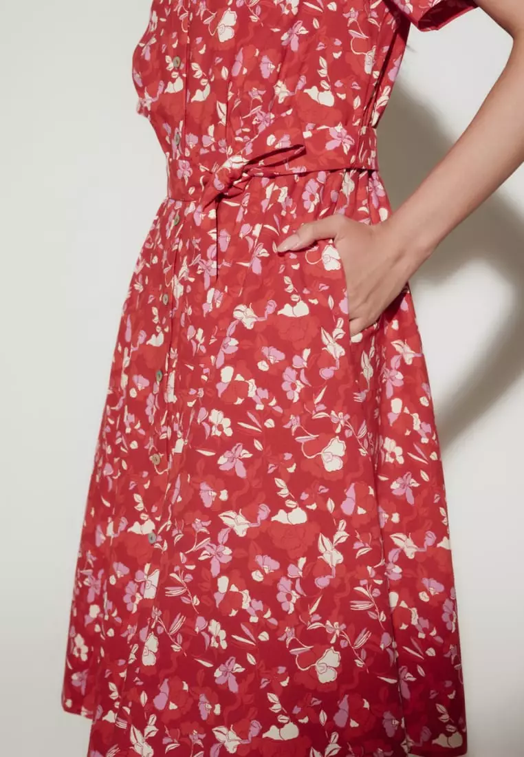 Floral Print Fit & Flare Shirt Collar Dress