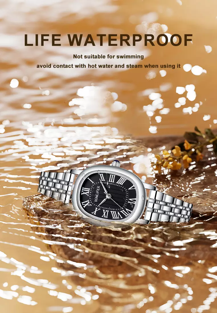 Jam Tangan Wanita Analog Original Korean Tali Rantai Oval Stanless Anti Air Jam Tangan Cewek silverblack