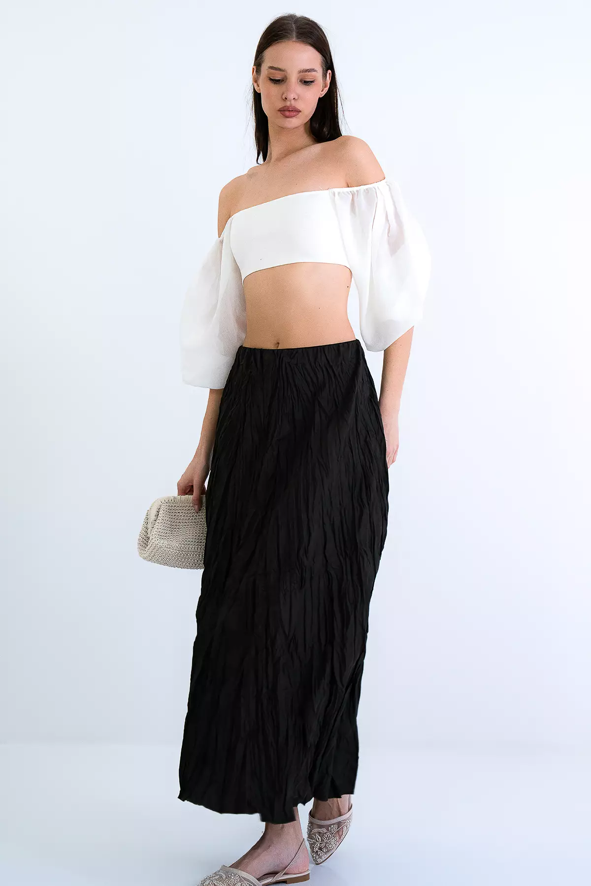 Khaki Soft Crush Textured Midi Skirt Alc-X15225