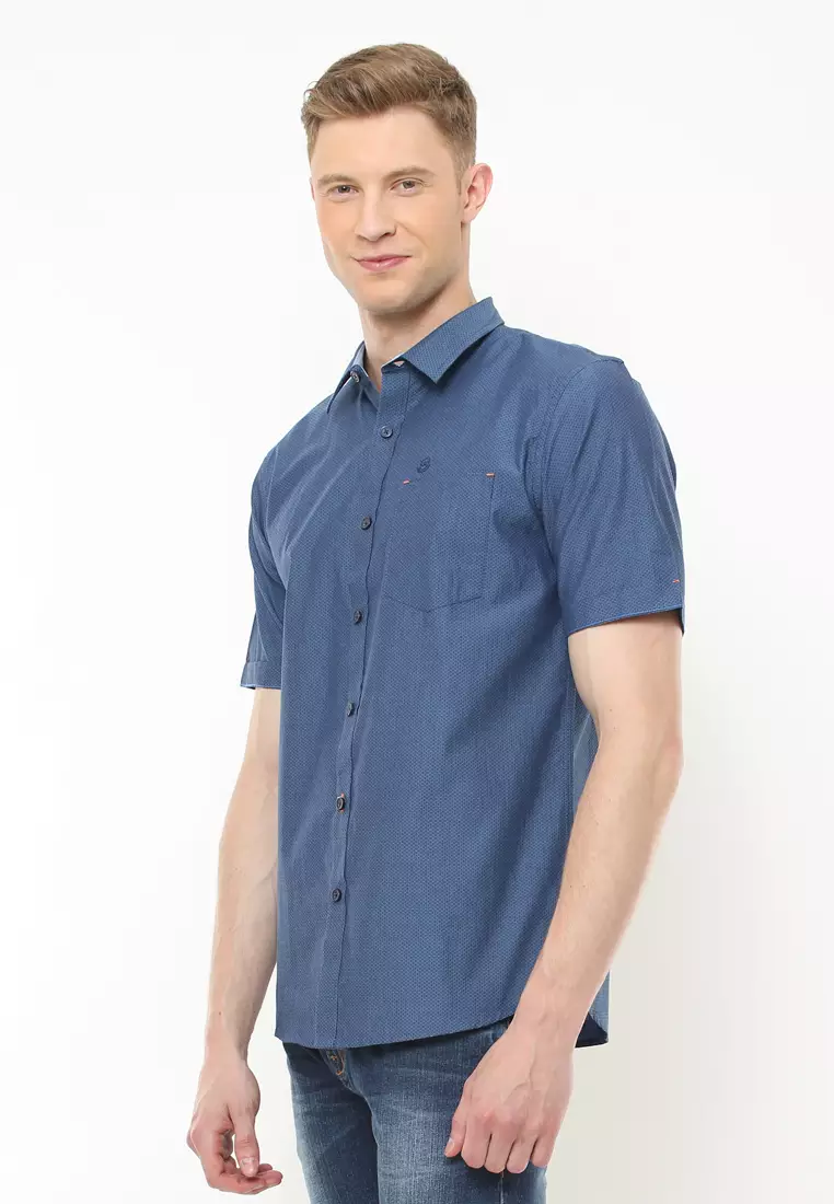 Johnwin - Kemeja Casual - Kemeja Pria - Kemeja Motif Lingkaran - Kemeja Biru - ASH.670.K880.716.C-S/S