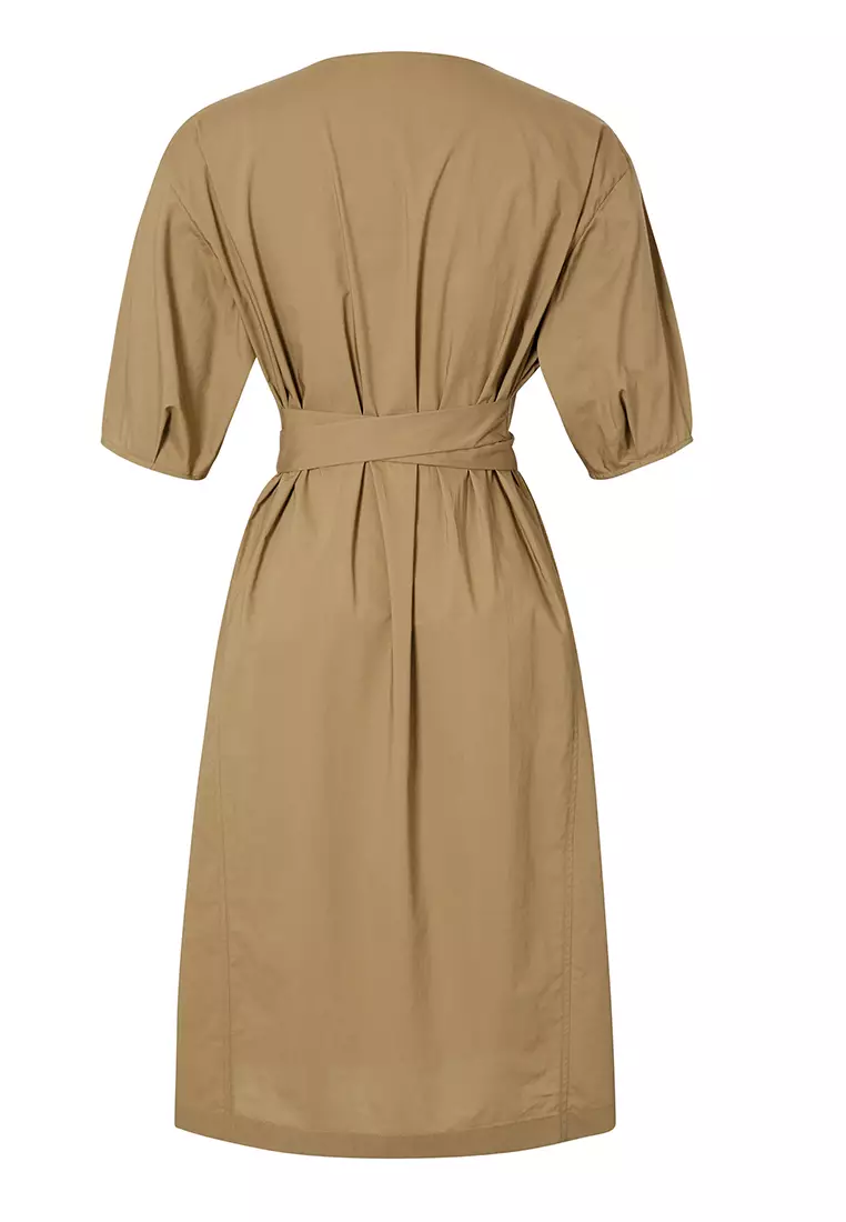Puff Sleeve V-Neck A-Line Dress with Waist Belt