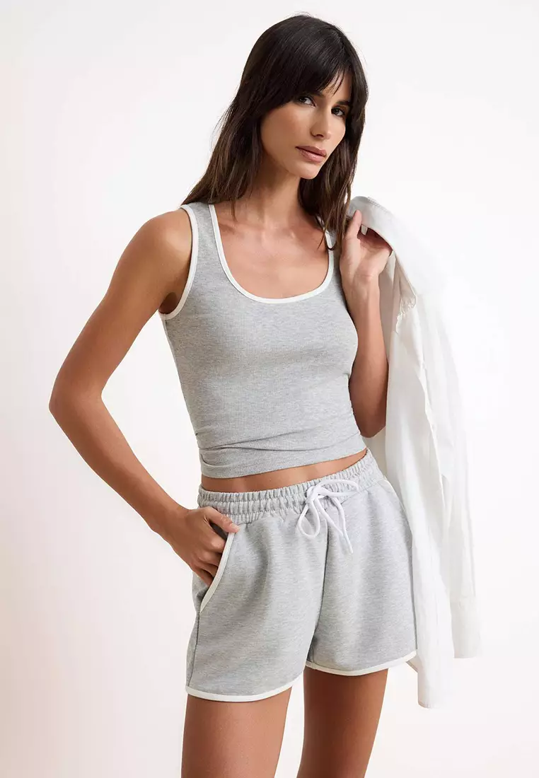 Gray Melange Color Block Fitted/Fitted Pocketed Ribbed Stretchy Knitted Top And Bottom Set Twoss26Au81