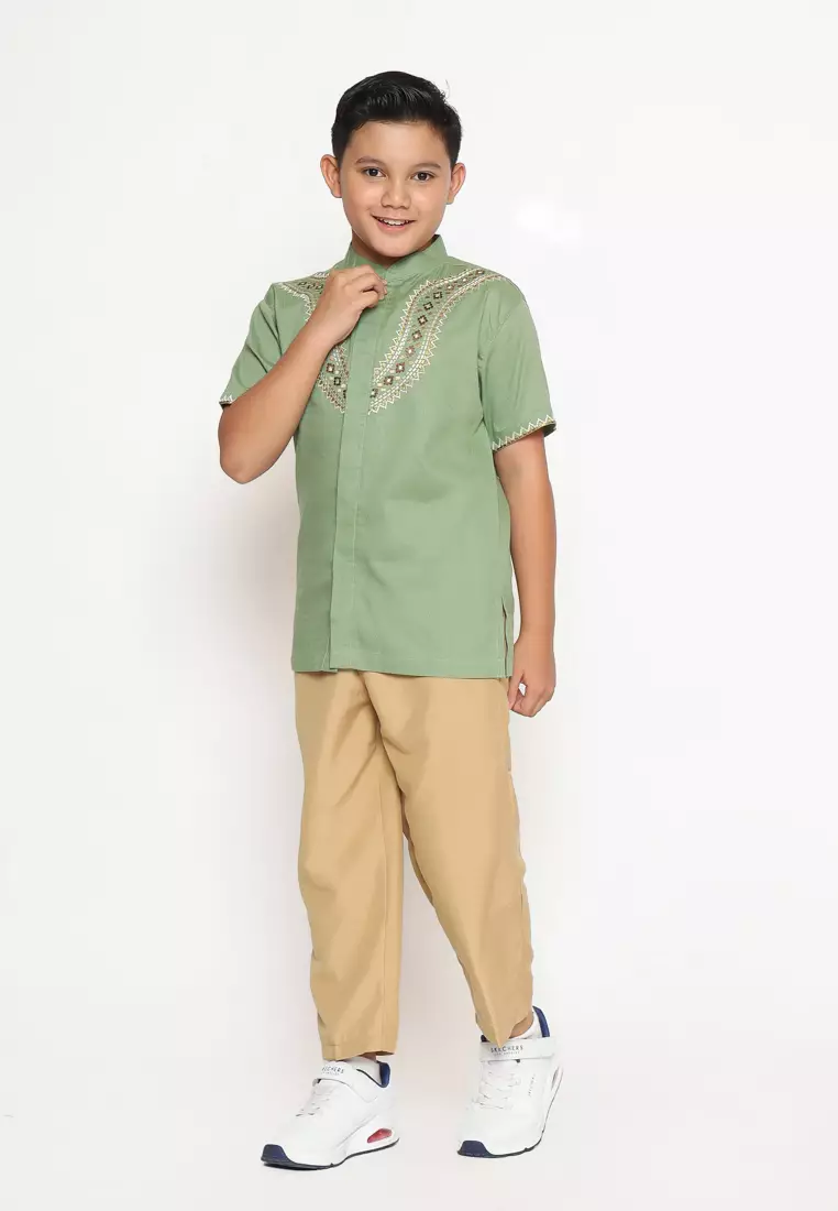 Baju Koko Set Anak Laki Bordir Viral Light Green - GENUINE