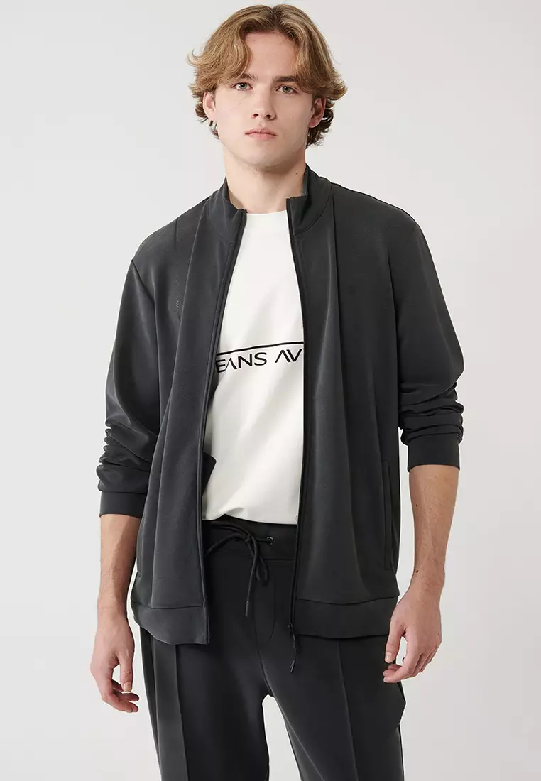 Men's Anthracite Stand Collar Printed Soft Touch Printed Sweatshirt A41Y1225