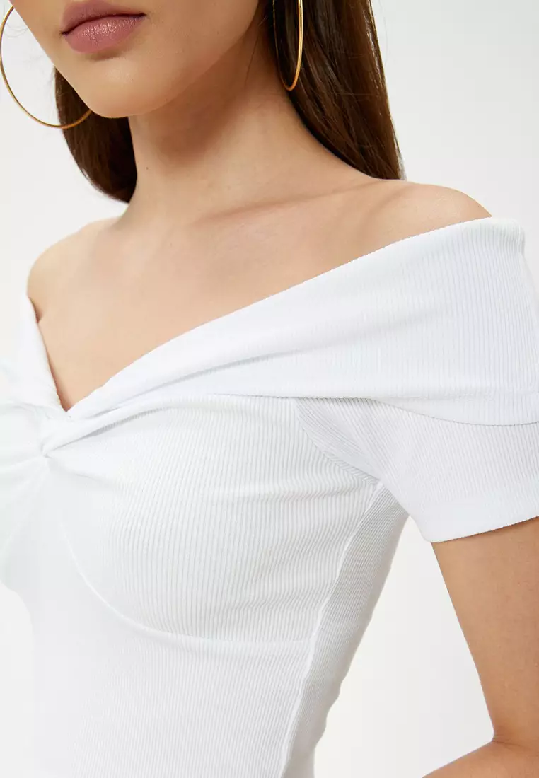Crop Off The Shoulder Madonna Collar T-Shirt Ribbed Short Sleeve Knot Detail