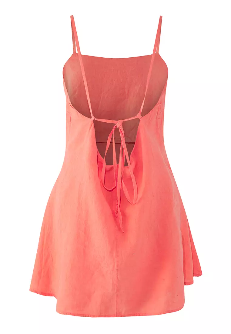 Coral Mini Weaving 100% Linen Beach Dress TBESS25EL00103