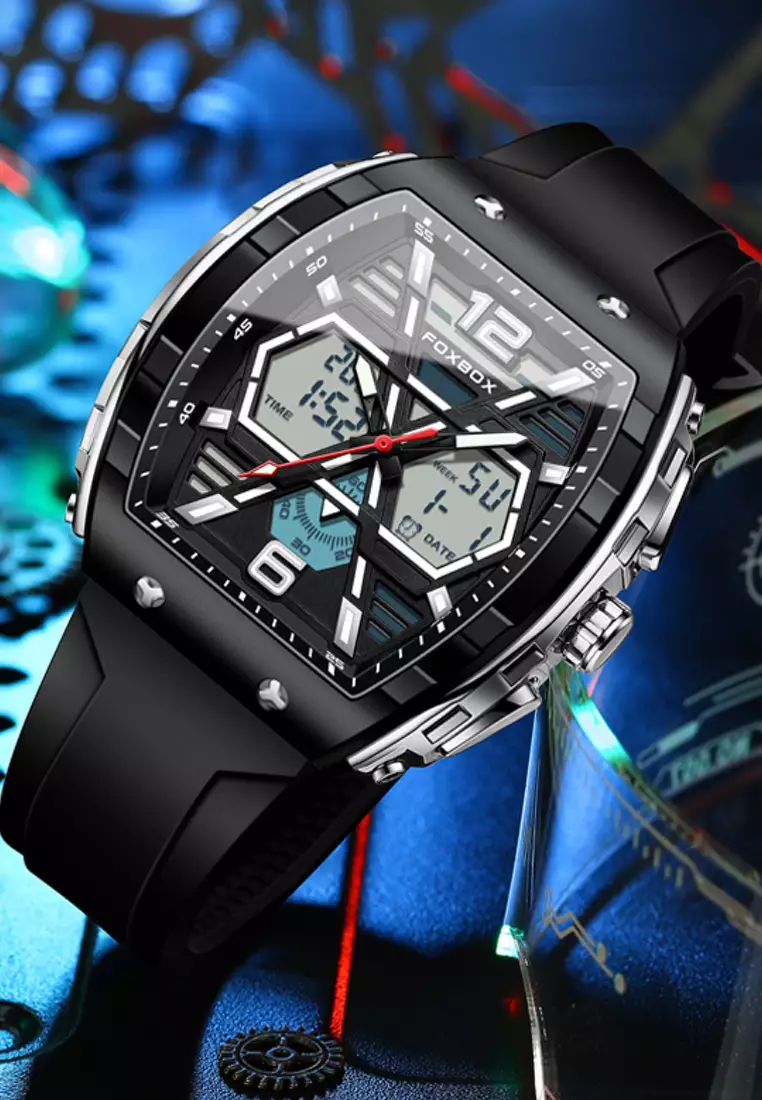 FOXBOX Chronograph Unisex Silver Color Metal Alloy Quartz Watch, 50x48mm, Black Dial, Black Rubber Strap