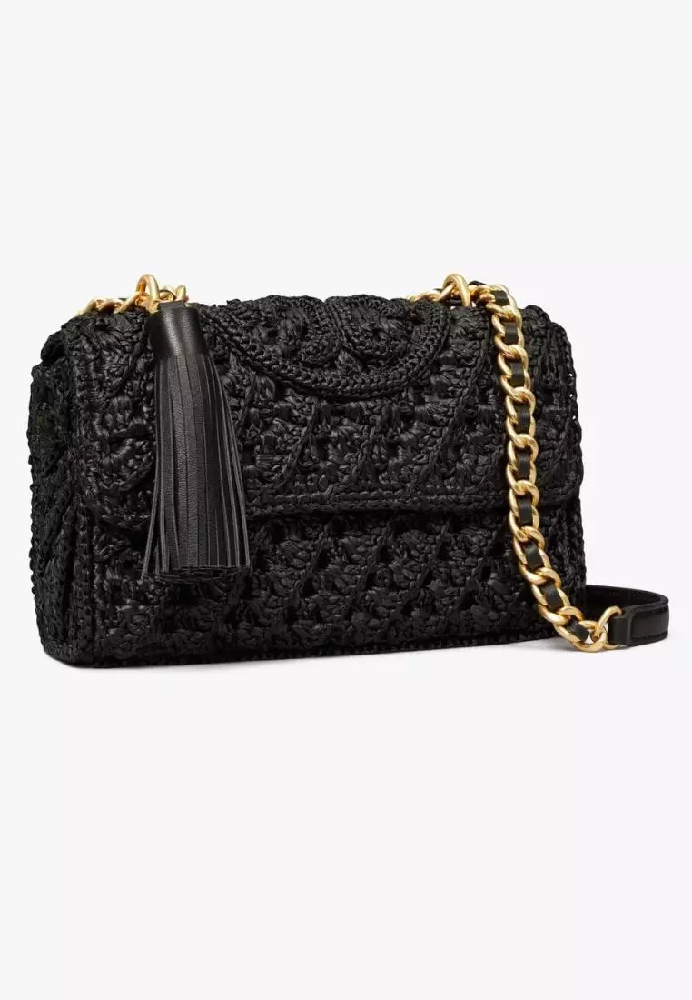 Tory Burch Fleming Raffia Small Convertible Shoulder Bag Black