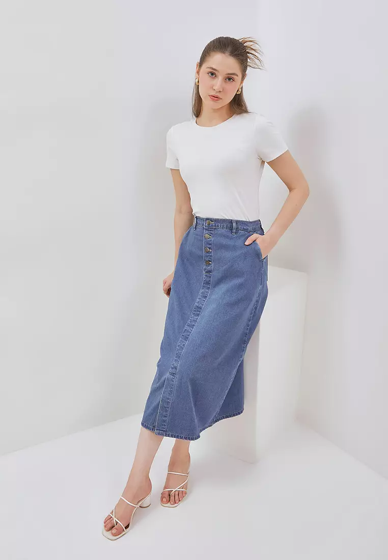 Osella Sadie Buttoned-Up Midi Skirt 21875011A1 | Rok Denim Wanita