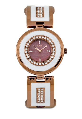 OAB0045BRW/WHT 水鑽圓esprit taiwan框金屬錶, 錶類, 不銹鋼錶帶