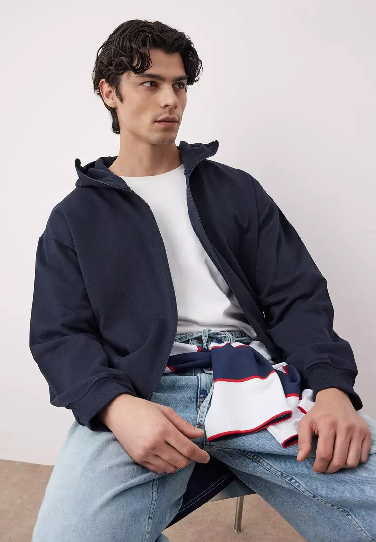 Navy Blue Oversize/Wide Cut Zippered Warm Hooded Sweatshirt-Cardigan