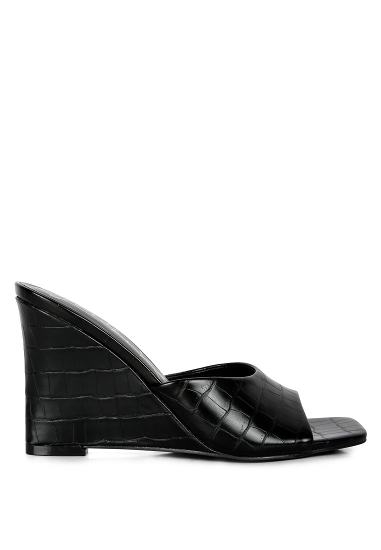 Black Faux Leather Wedge Sandals