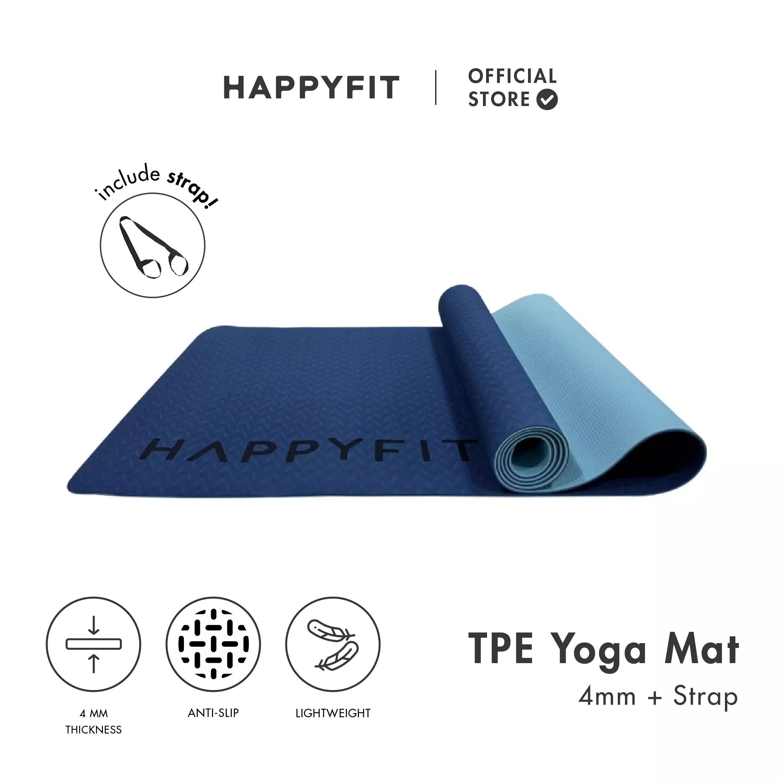 HAPPYFIT - Yoga Mat Reversible TPE 4mm Eco Friendly (FREE STRAP) / Matras Yoga / Matras Olahraga / Matras TPE Royal Blue