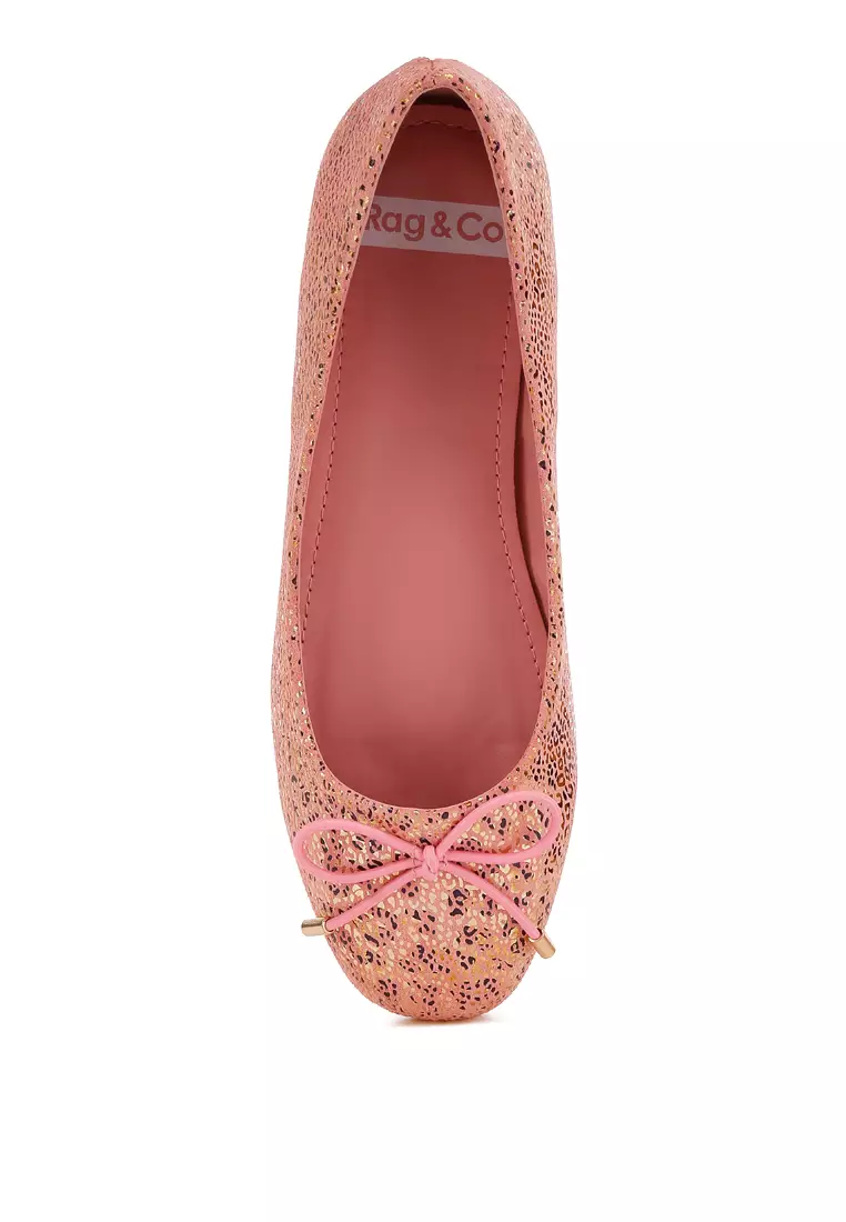 Bow Detail Embossed Suede Ballerinas Pink