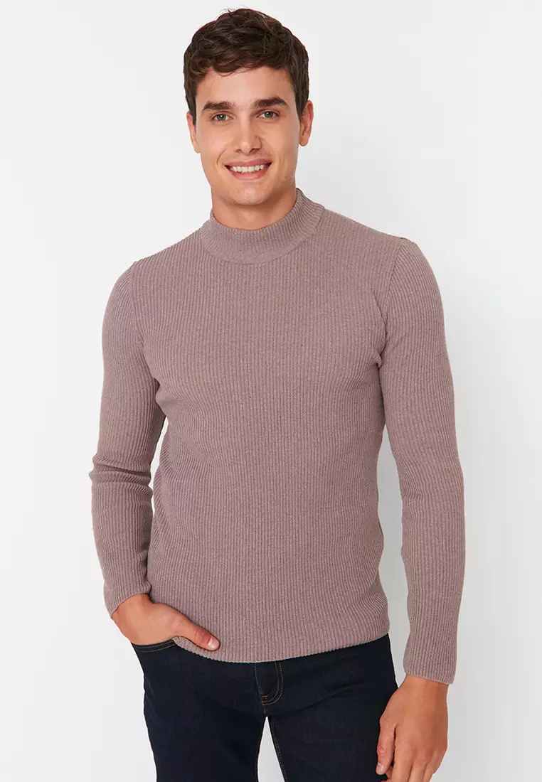 Slim Fit Buttoned Polo Neck Corduroy Knitted Sweater