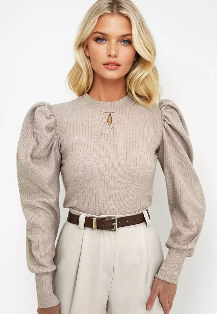 Women's Beige Crew Neck Drop Neck Princess Sleeve Knitwear Blouse Alc-X13069