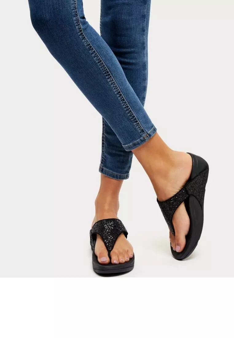 サンダル・ミュール FitFlop Lulu Glitter Toe Post Black Sandals X03-339 Fitflop X03-339 Lulu Glitter Ladies Black Glitter Toe Post