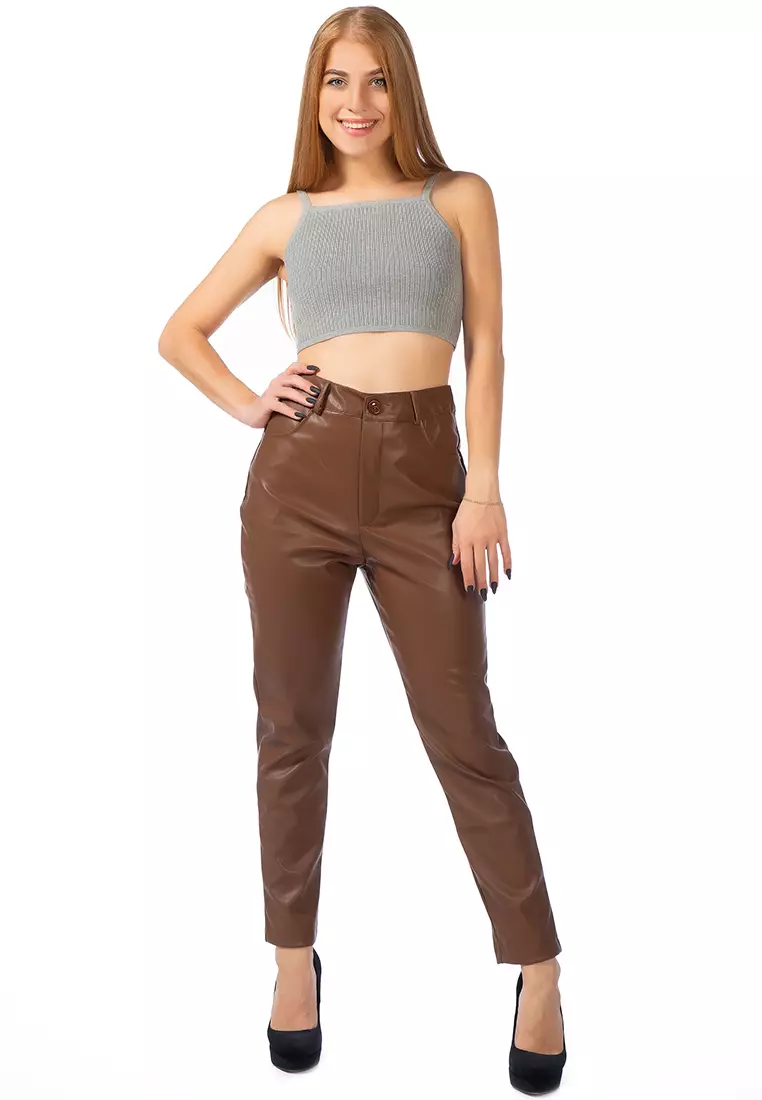 Chocolate Faux Leather Straight Fall Trousers