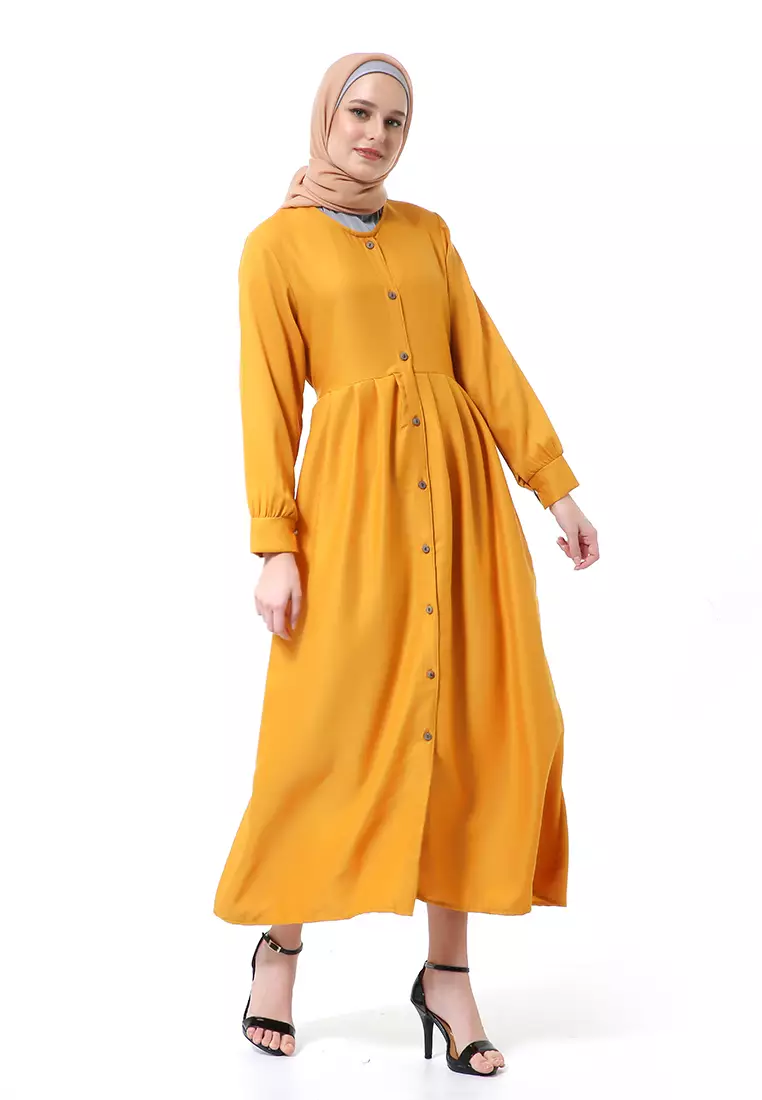 Kiyah Dress Button Muslimah Atasan Wanita Long Sleeve Premium Quality - Mustard