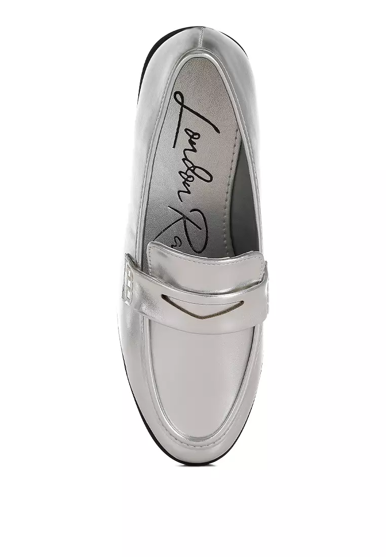 Metallic Faux Leather Flat Loafers in Silver