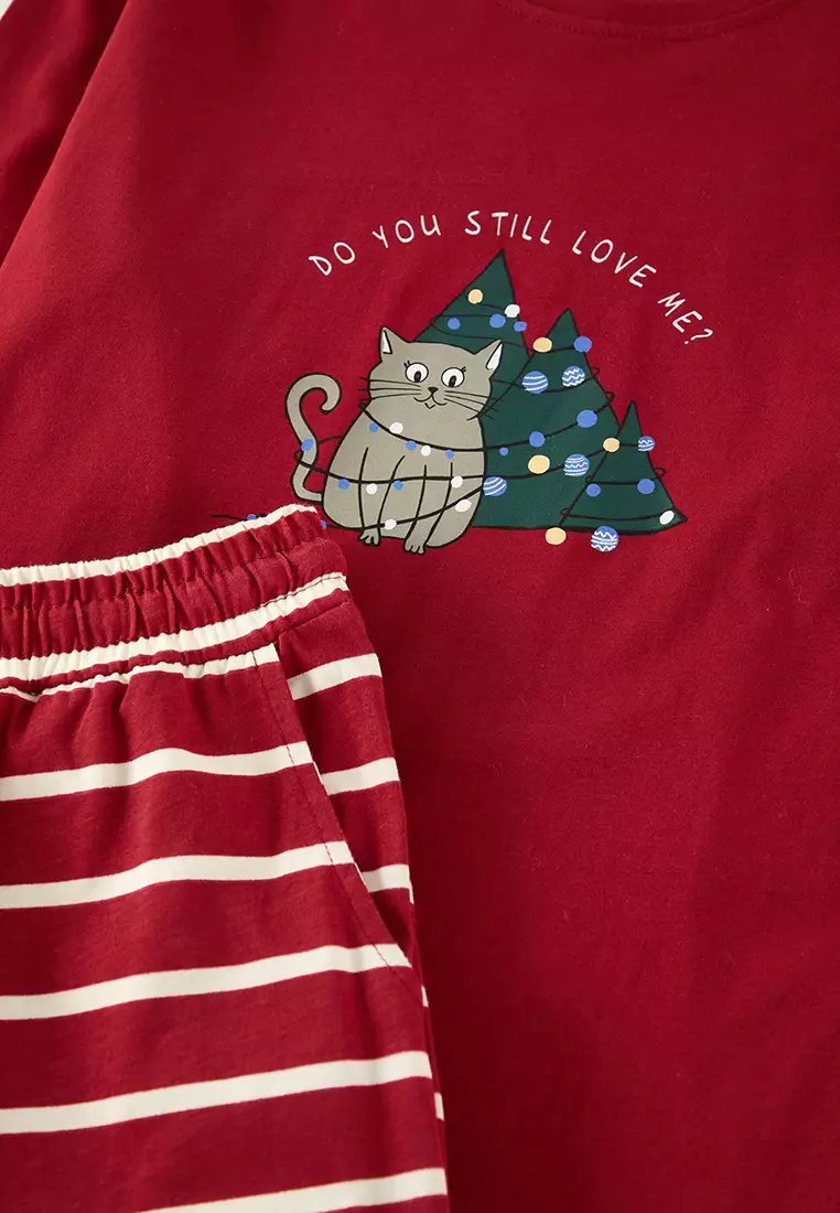 Red Striped Regular Fit Couple Christmas Themed Knitted Pajama Set TMNAW25PT00045