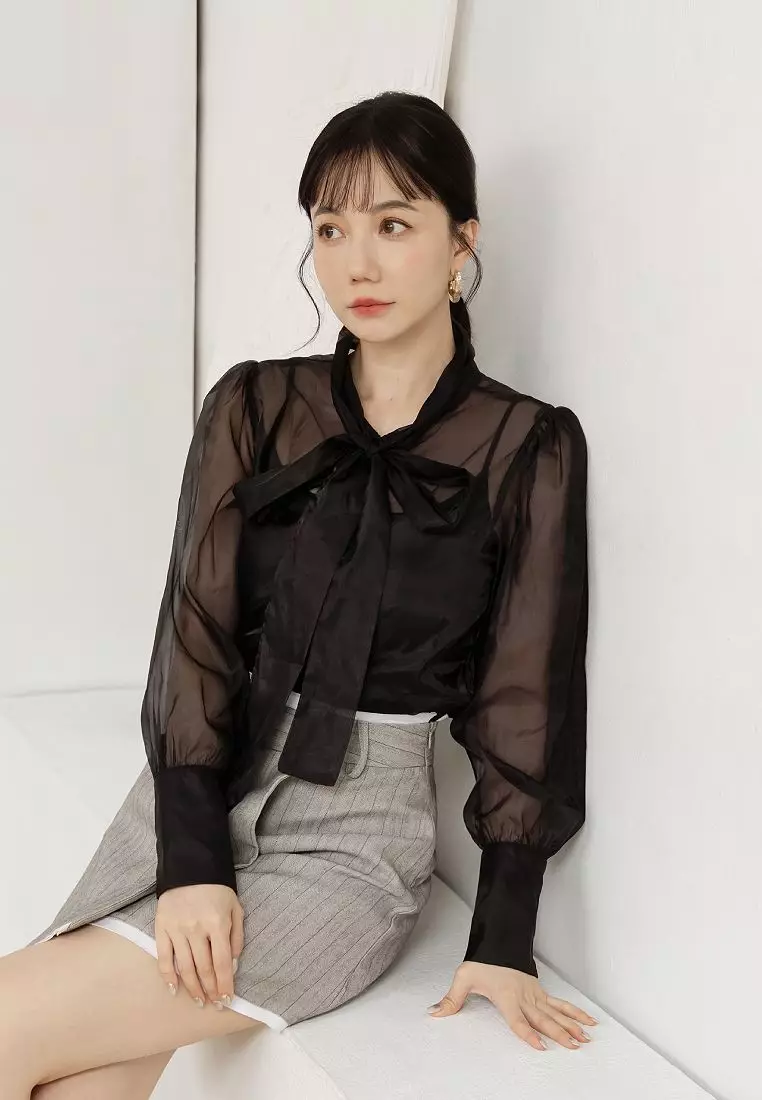 Sexy Sheer Mesh Open-Front Shirt with Front Tie Bow [AB17971]