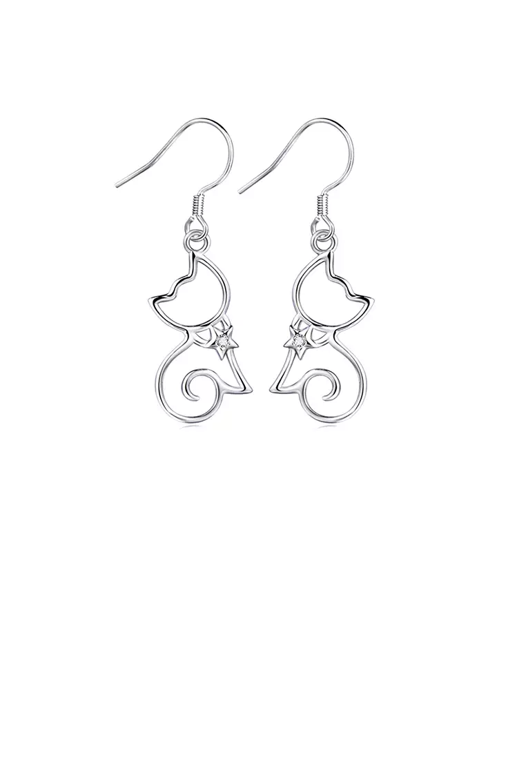 ZAFITI 925 Sterling Silver Simple Cute Cat Earrings with Cubic Zirconia ...