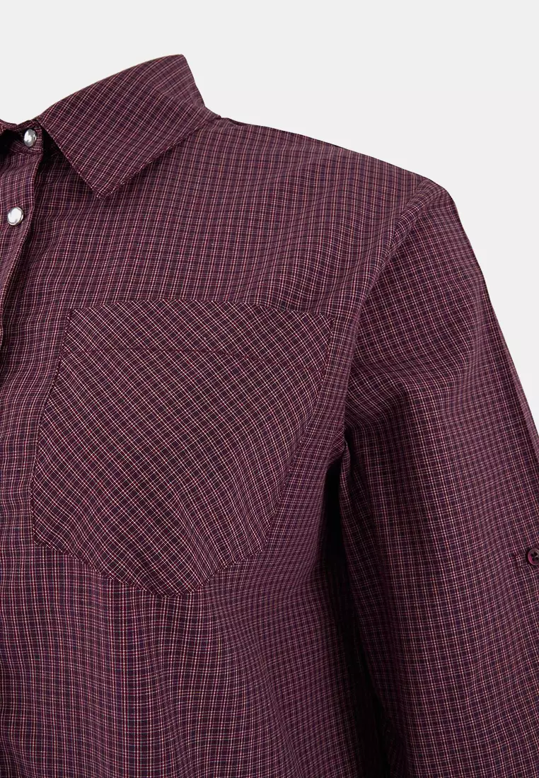Burgundy-Multicolor Plaid / Checked Wide Cuff Sleeve Foldable Oversized Shirt Tbbss26Ax00011