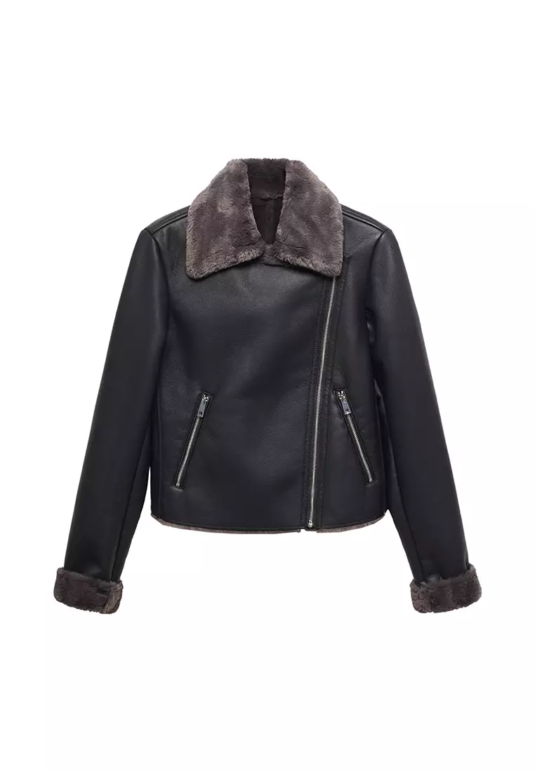 faux shearling lined biker jacket mango