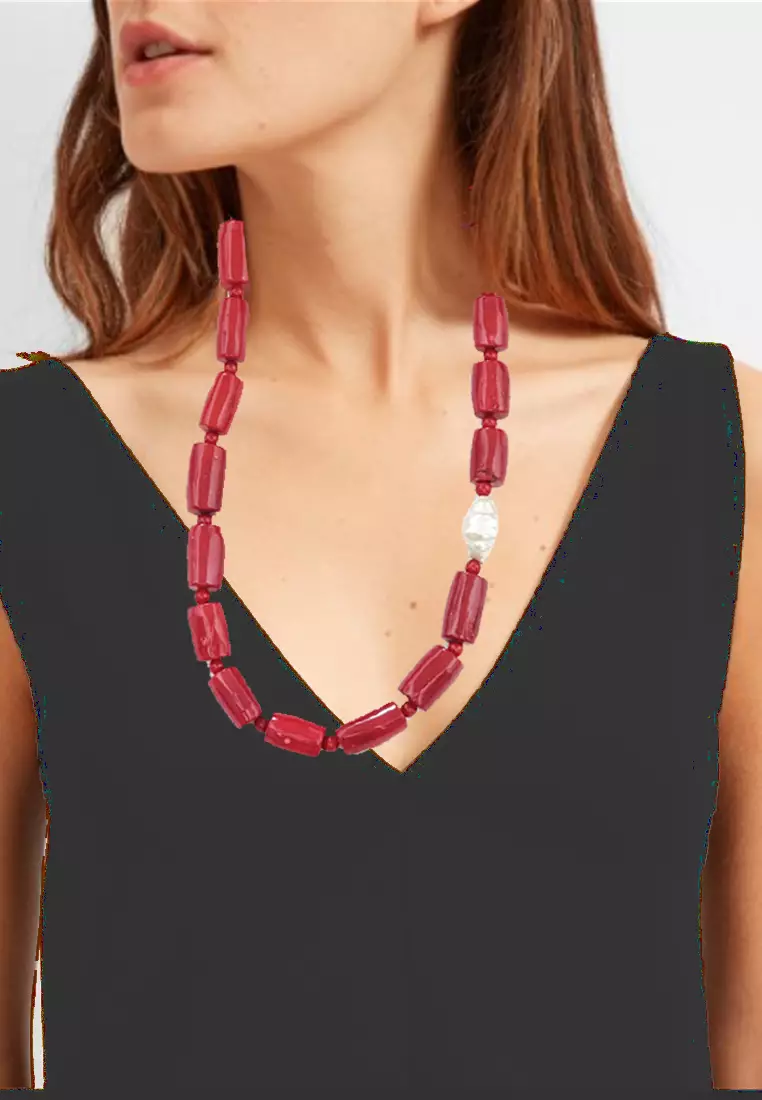 Pearl Embellished Coral Necklace Kalung Wanita Red