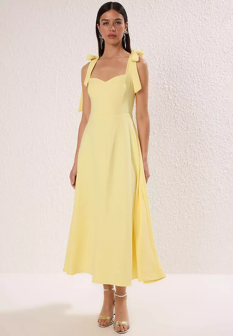 Light Yellow A Line Strap Lacing Detailing Midi Stylish Evening Dress