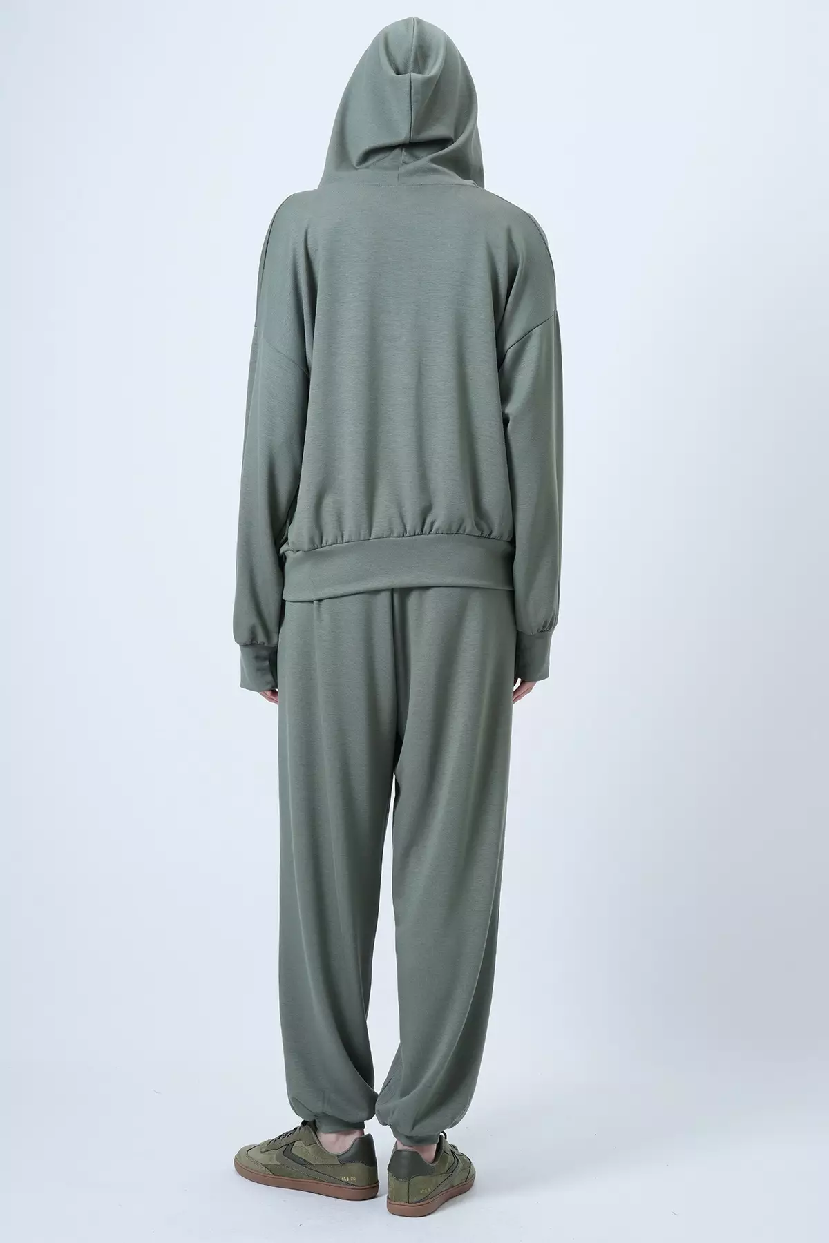 Women'S Khaki Hooded V-Neck Oversized Modal Sweatshirt And Pants Set Alc-X14646