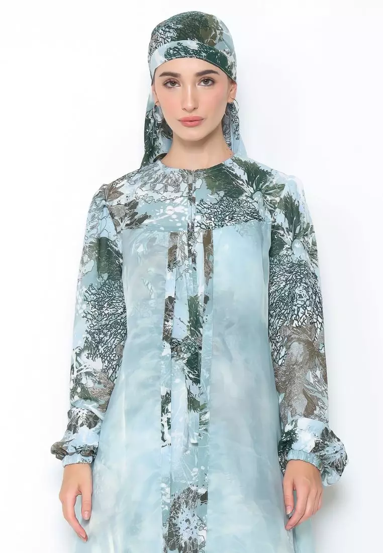 Rinjanie x Senorita  - Gamis Rosslen Mint Tea - Gamis Set Scarf Raya - Gamis Set - Gamis Printing Mix Organza - Dress Raya - Dress mix organza - GMKY - MT