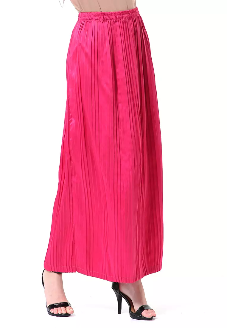 Angely Rok Plisket Rubbery Waist Fashion Wanita Simple - Pink Fanta