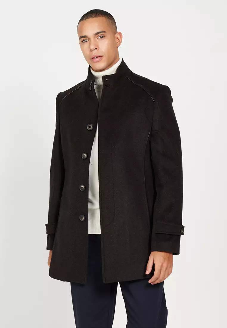 Men's Brown Standard Fit Regular Cut Stand Collar Patterned Woolen Coat