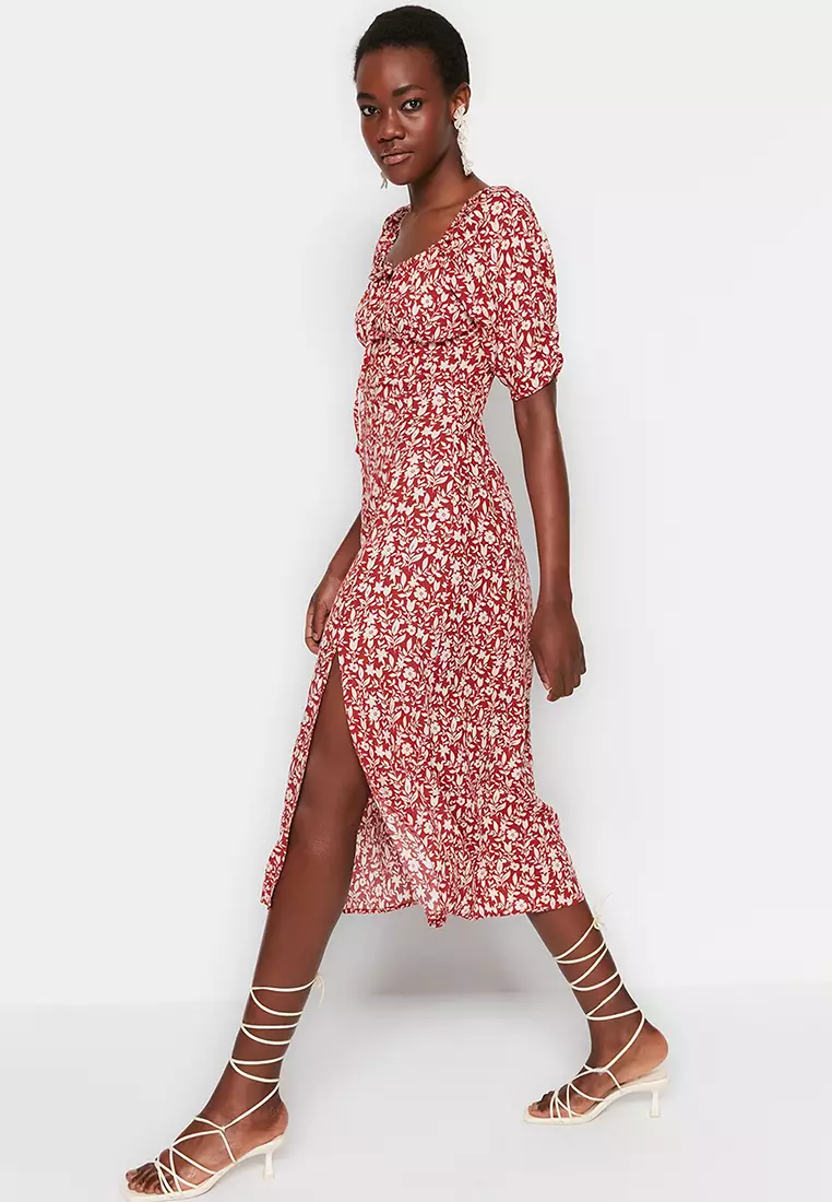 Red long deals floral dress