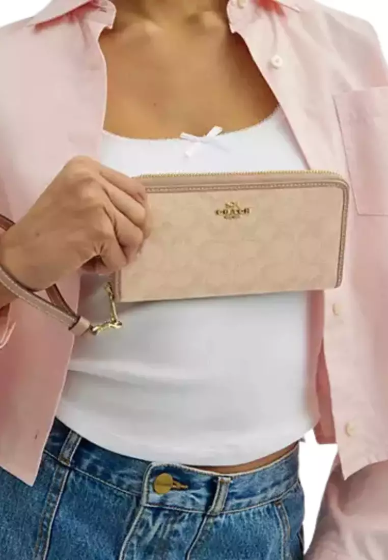 Coach Long Zip Around Wallet Signature Canvas In Dark Natural Multi Cao81