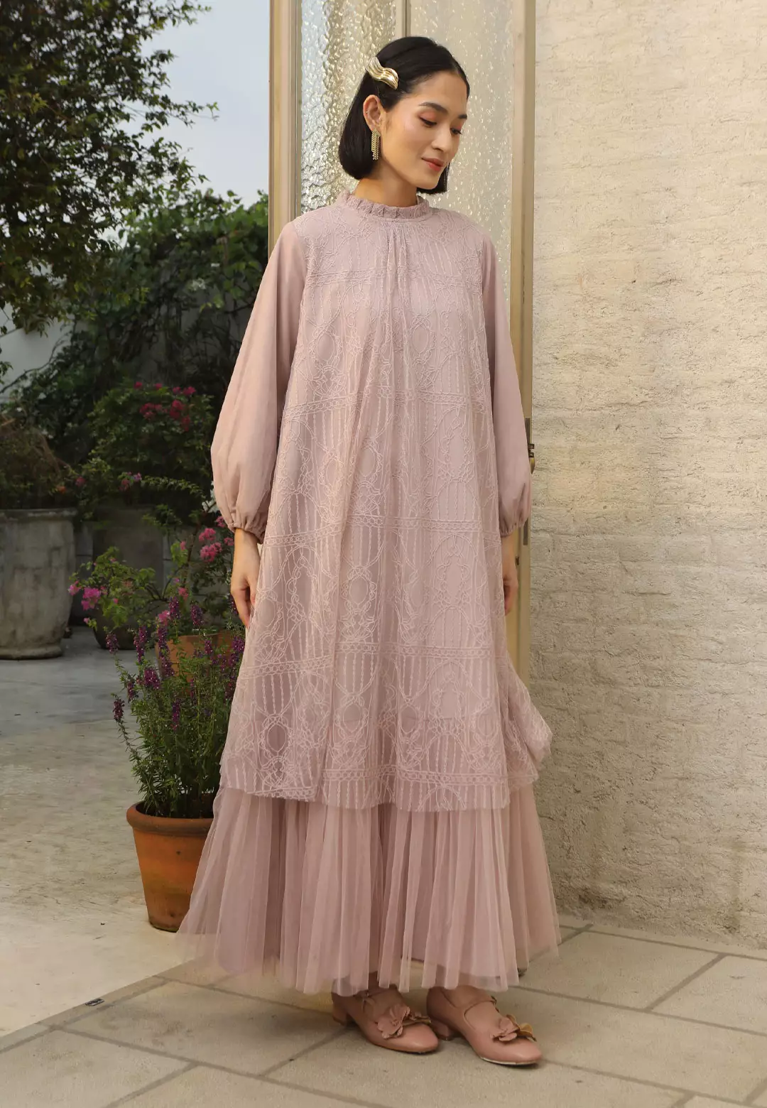HijabChic Syahira Pink Nude Dress - Dress Brukat Tulle Elegan Best Seller