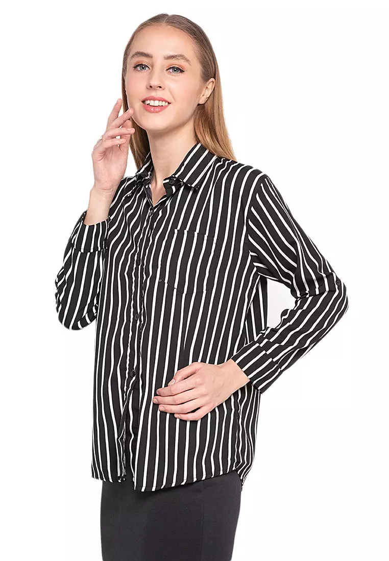 Anne Kemeja Long Sleeve Motif Stripe Atasan Wanita Casual - Hitam