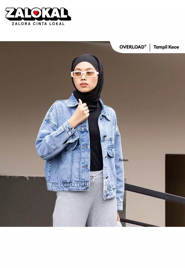 Jaket Crop Jeans Oversize Vintage Pocket Blue Acid