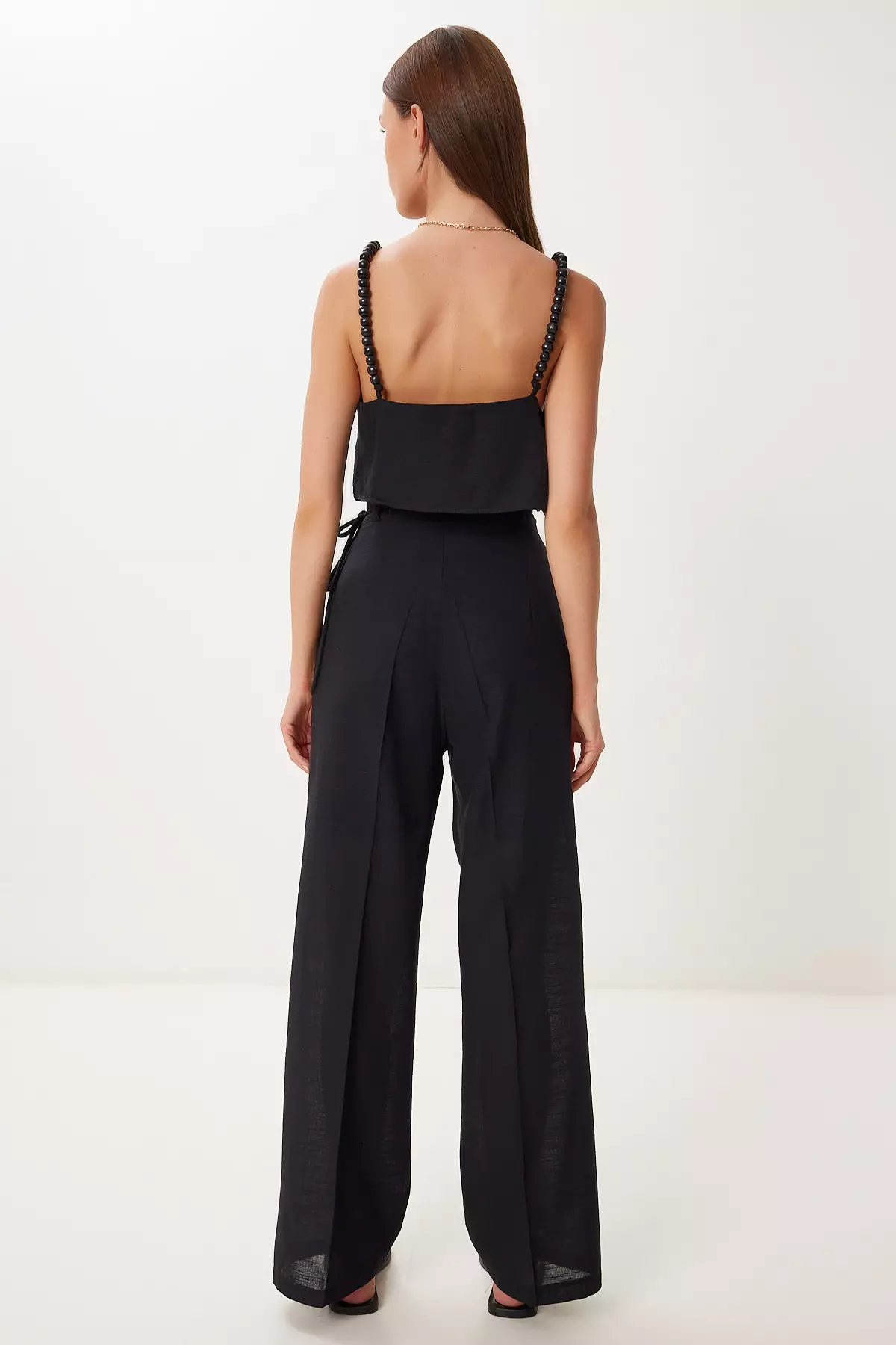 Women's Black Bead Detail Linen Blouse Pants Suit Bv00170