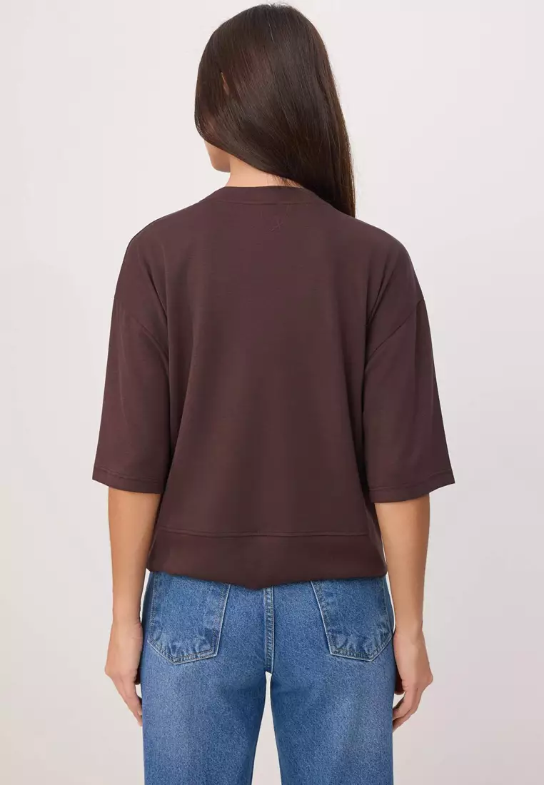 Brown Oversized /Wide Fit Low Sleeve Three Quarter Soft Touch Knitted T-Shirt Twoss26Ts182
